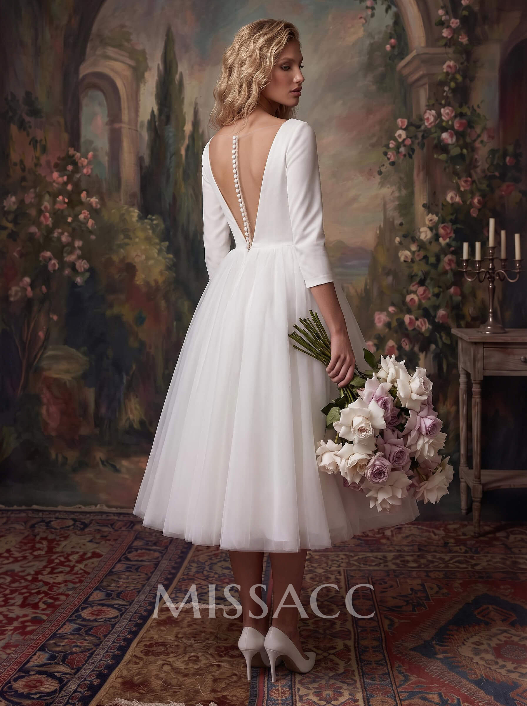 A-Line Vintage Elastic Satin/Tulle Wedding Dresses With Deep V-Neck 3/4 Sleeves A-Line Vintage Elastic Satin/Tulle Wedding Dresses With Deep V-Neck 3/4 Sleeves
