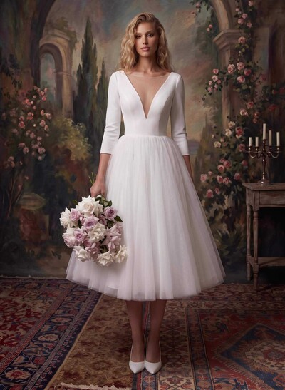 A-Line Vintage Elastic Satin/Tulle Wedding Dresses With Deep V-Neck 3/4 Sleeves