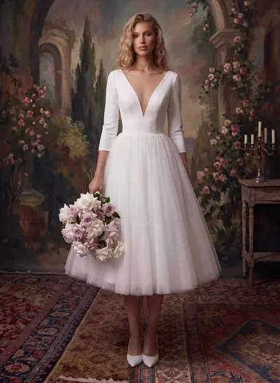 A-Line Vintage Elastic Satin/Tulle Wedding Dresses With Deep V-Neck 3/4 Sleeves