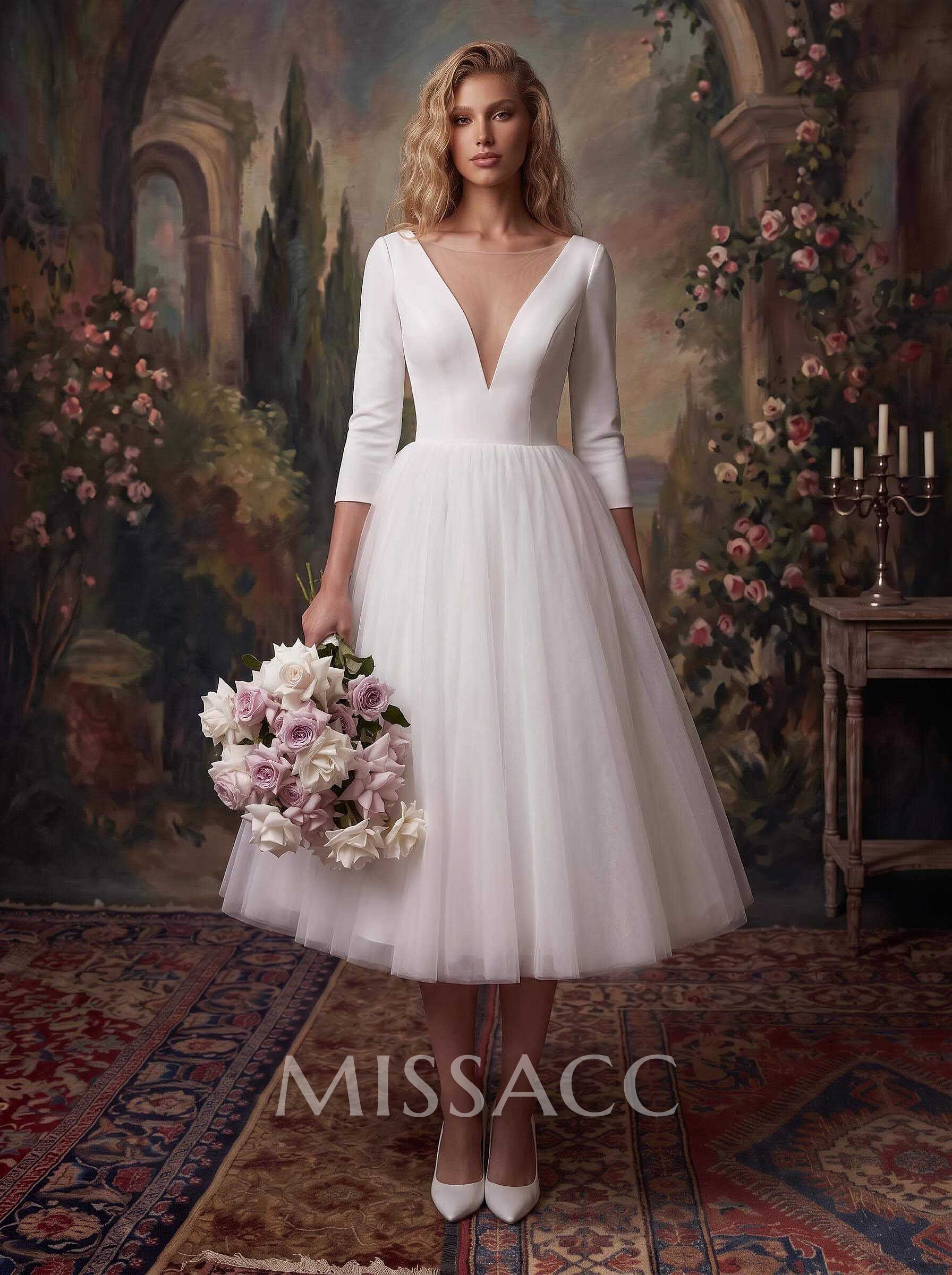 A-Line Vintage Elastic Satin/Tulle Wedding Dresses With Deep V-Neck 3/4 Sleeves