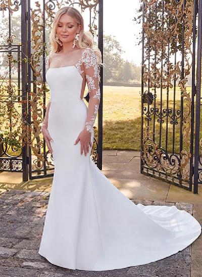 Mermaid Square Neckline Sexy Lace/Elastic Satin Wedding Dresses With Long Sleeves