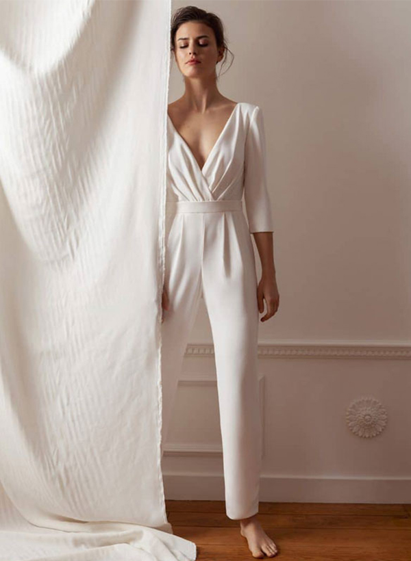 Jumpsuit/Pantsuit Sexy Open Back Wedding Dresses With V-neck 3/4 Sleeves