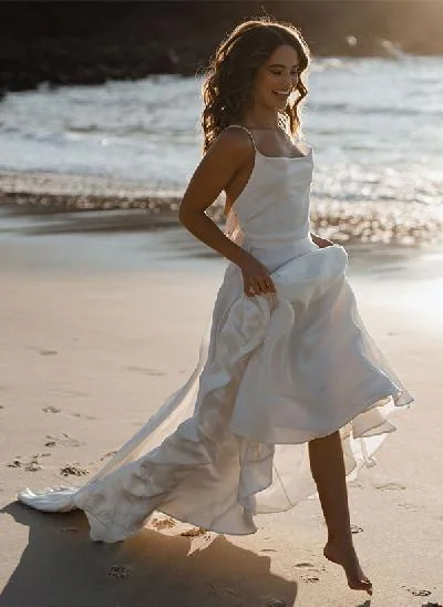 Boho Open Back Cowl Neck A-Line Wedding Dresses With Silk Like Satin Sweep Train