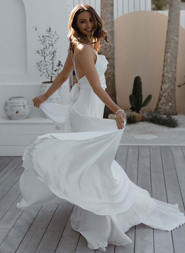 Boho Open Back Cowl Neck A-Line Wedding Dresses With Silk Like Satin Sweep Train