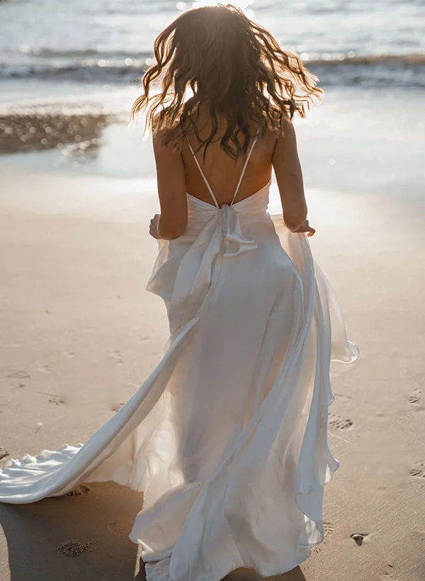 David's Bridal Website Missacc Ivory Bride Boho Open Back Cowl Neck A-Line  Wedding Dresses With Silk Like Satin Sweep Train