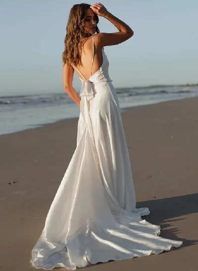 Boho Open Back Cowl Neck A-Line Wedding Dresses With Silk Like Satin Sweep Train