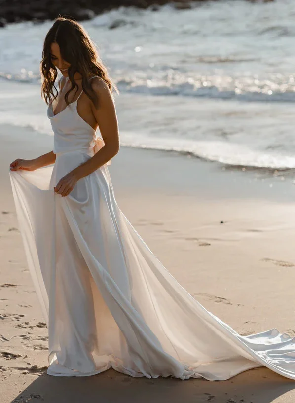 Missacc Ivory Bride Boho Open Back Cowl Neck A-Line Wedding Dresses With Silk Like Satin Sweep Train Missacc Ivory Bride Boho Open Back Cowl Neck A-Line Wedding Dresses With Silk Like Satin Sweep Train