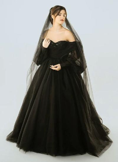 Black Ball-Gown Off-the-Shoulder Tulle Wedding Dresses With Long Sleeves