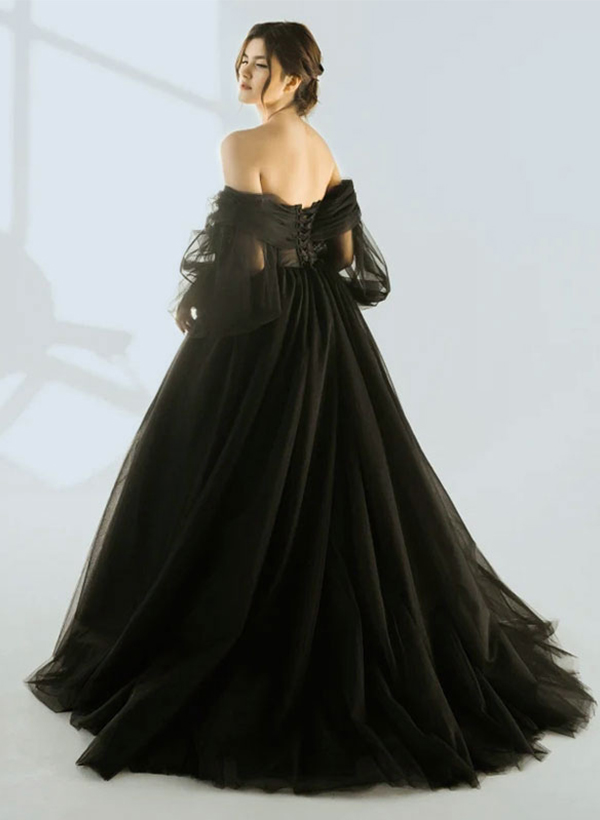 Black Ball-Gown Off-the-Shoulder Tulle Wedding Dresses With Long Sleeves