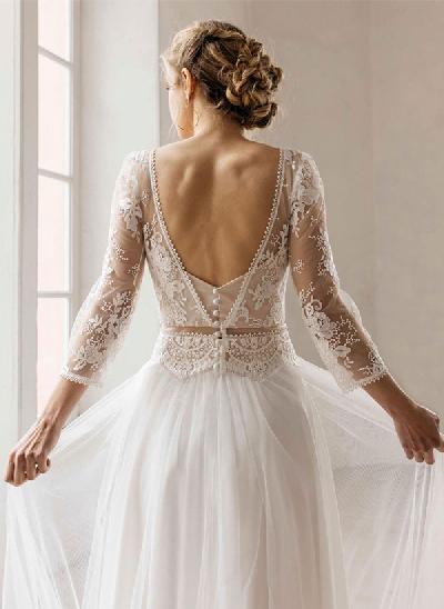 A-Line V-neck 3/4 Sleeves  Vintage Tulle Wedding Dresses With Appliques Lace
