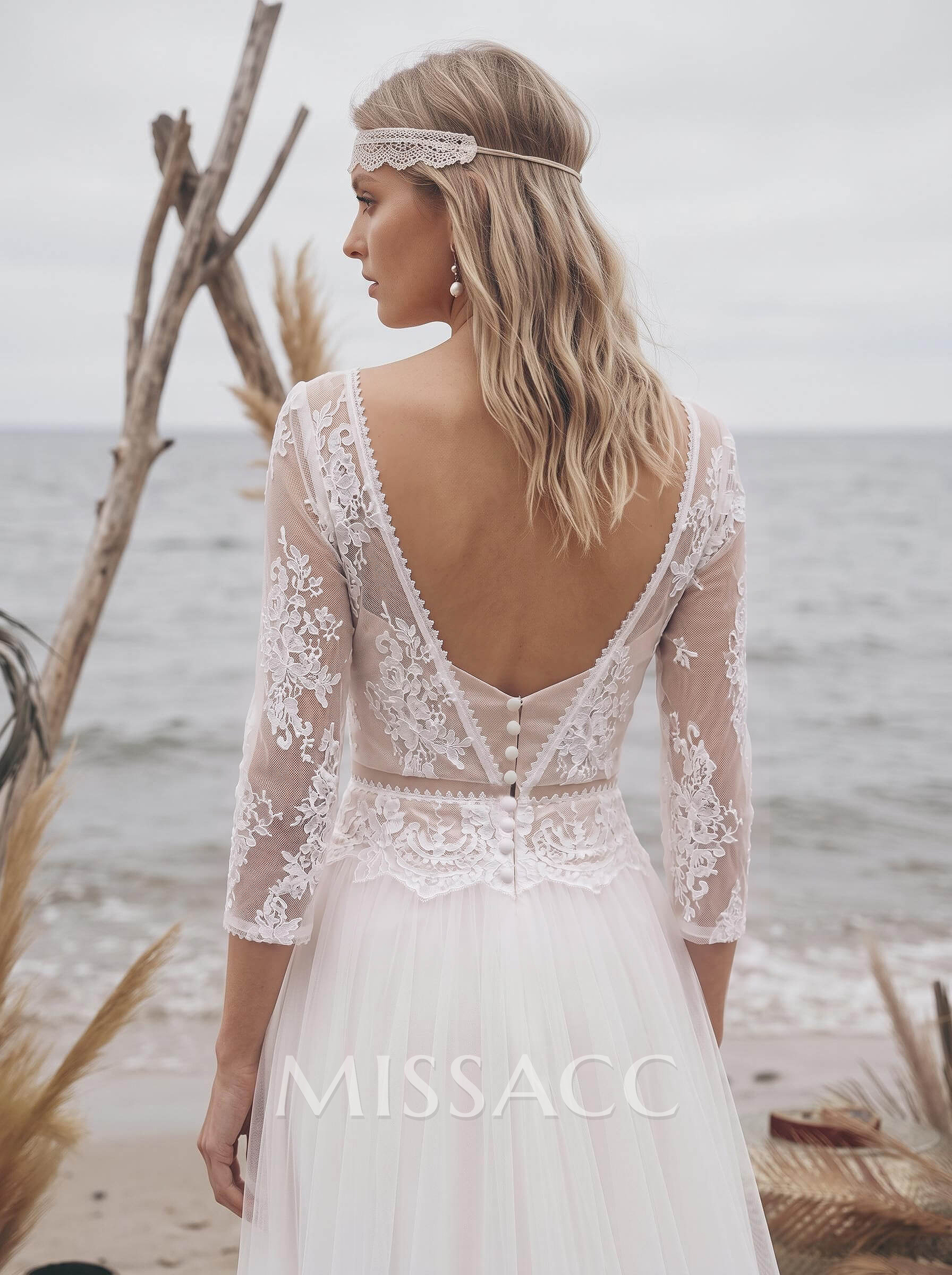 A-Line V-Neck 3/4 Sleeves Vintage Tulle Wedding Dresses With Appliques Lace A-Line V-Neck 3/4 Sleeves Vintage Tulle Wedding Dresses With Appliques Lace
