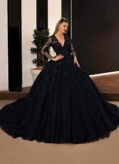 Black Ball-Gown V-Neck Long Sleeve Tulle Wedding Dresses With Appliques Lace