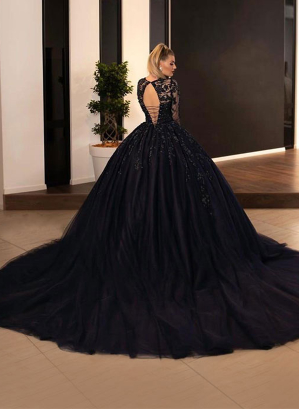 Black Ball-Gown V-neck Long Sleeve Tulle Wedding Dresses With Appliques Lace