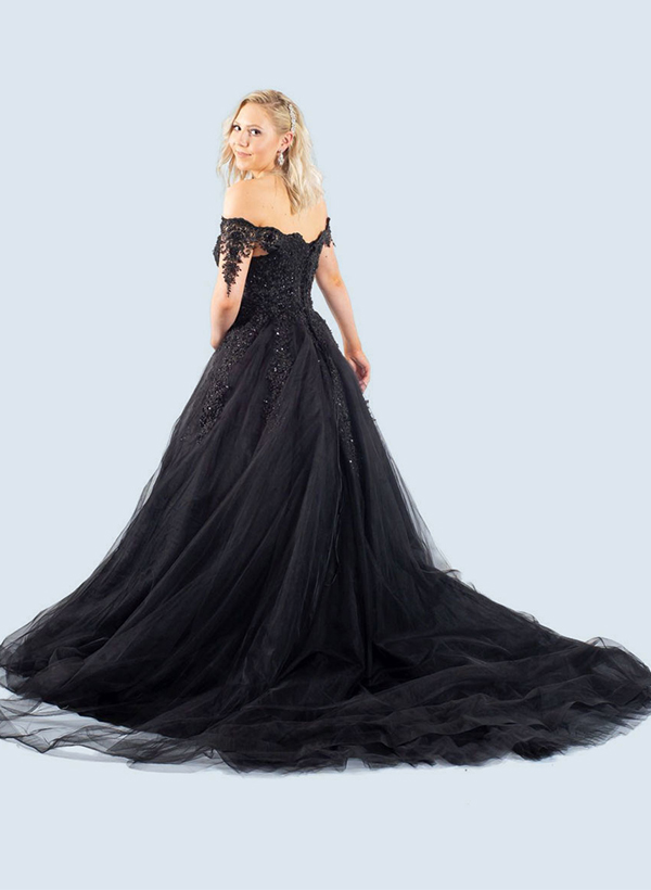 Gothic Black Ball-Gown Off-The-Shoulder Tulle Prom Dresses With Appliques Lace
