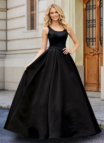 Black Ball-Gown Scoop Neck Floor-Length Satin Wedding Dresses With Sash