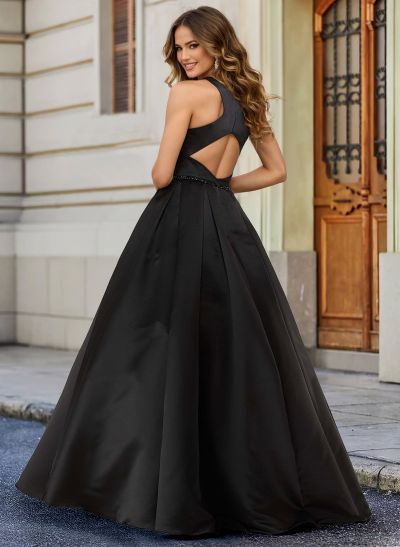 Black Ball-Gown Scoop Neck Floor-Length Satin Wedding Dresses With Sash