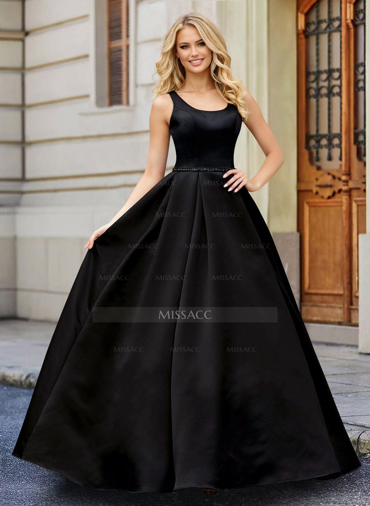 Black Ball-Gown Scoop Neck Floor-Length Satin Wedding Dresses With Sash