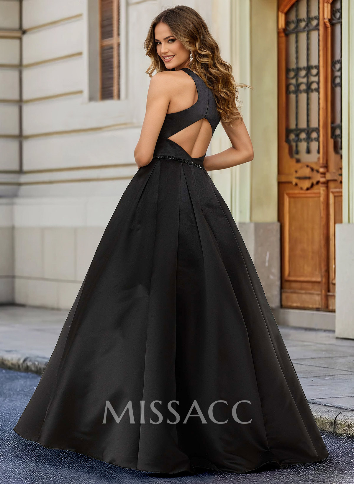 Black Ball-Gown Scoop Neck Floor-Length Satin Wedding Dresses With Sash