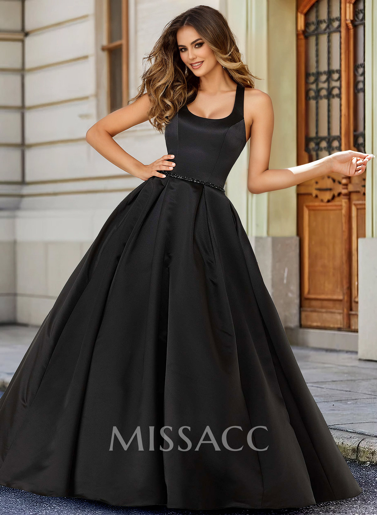 Black Ball-Gown Scoop Neck Floor-Length Satin Wedding Dresses With Sash