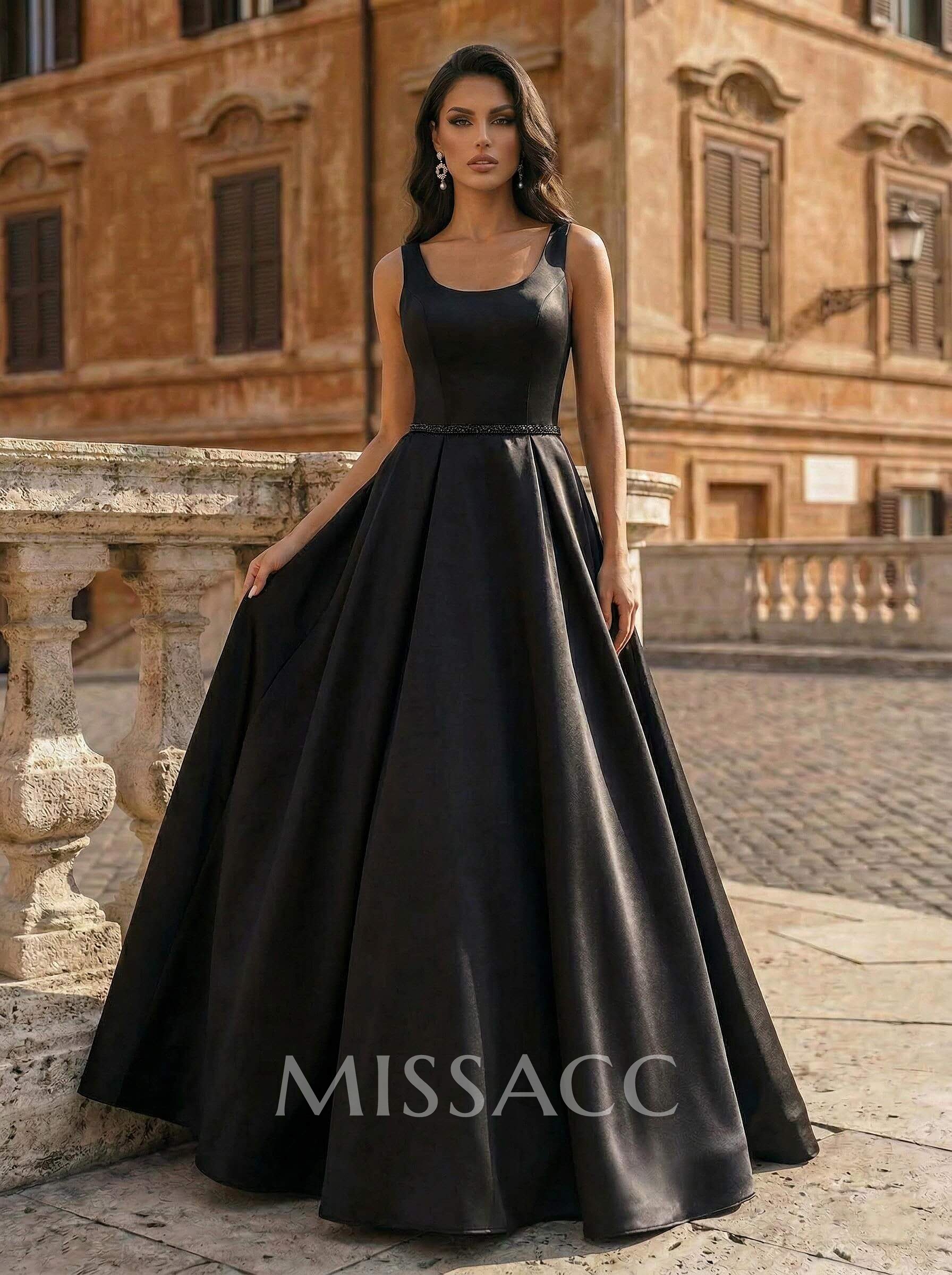 Black Ball-Gown Scoop Neck Floor-Length Satin Wedding Dresses With Sash