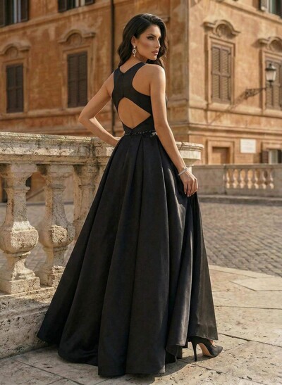 Black Ball-Gown Scoop Neck Floor-Length Satin Wedding Dresses With Sash