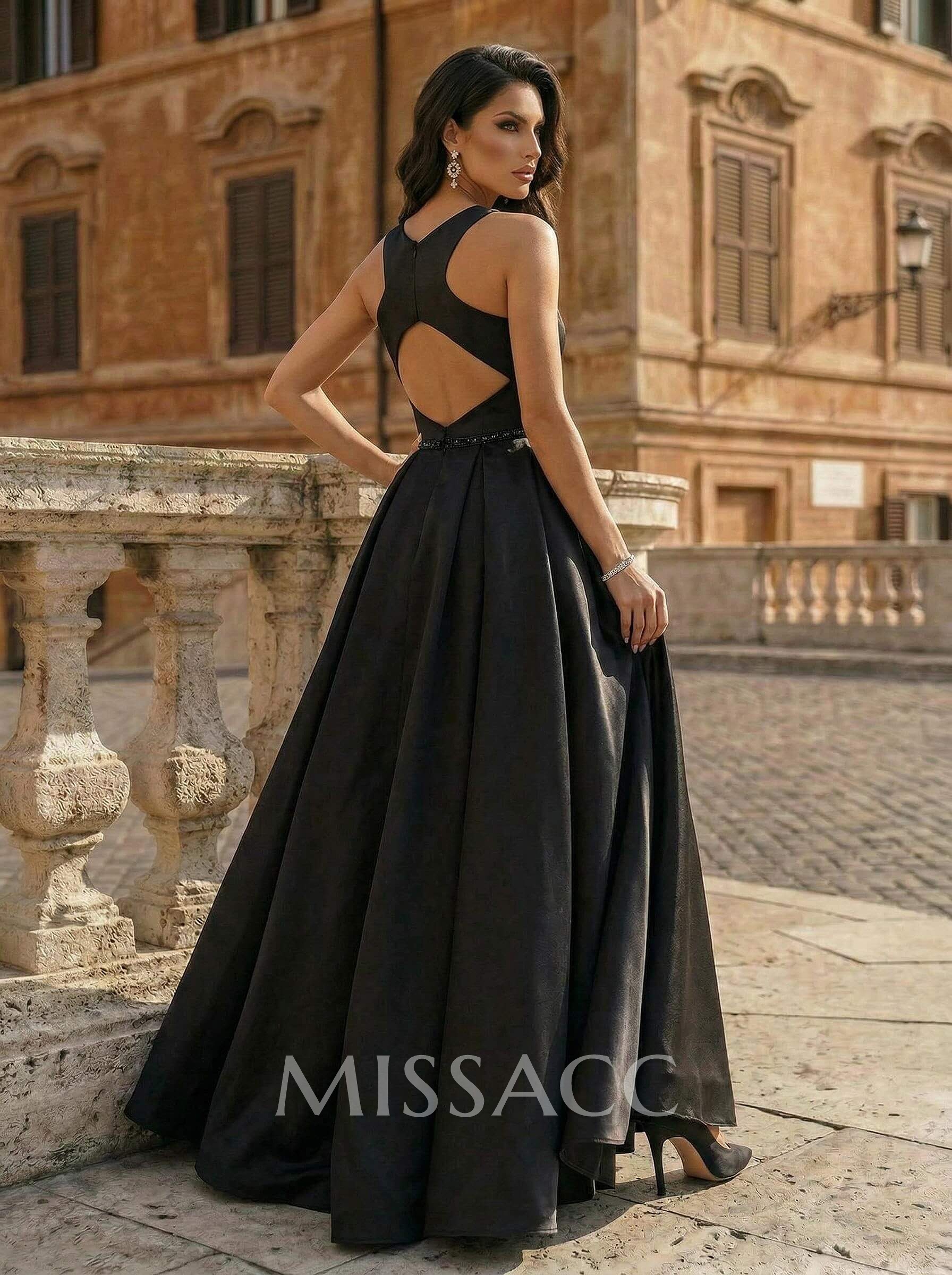 Black Ball-Gown Scoop Neck Floor-Length Satin Wedding Dresses With Sash