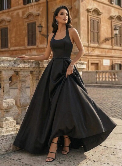 Black Ball-Gown Scoop Neck Floor-Length Satin Wedding Dresses With Sash