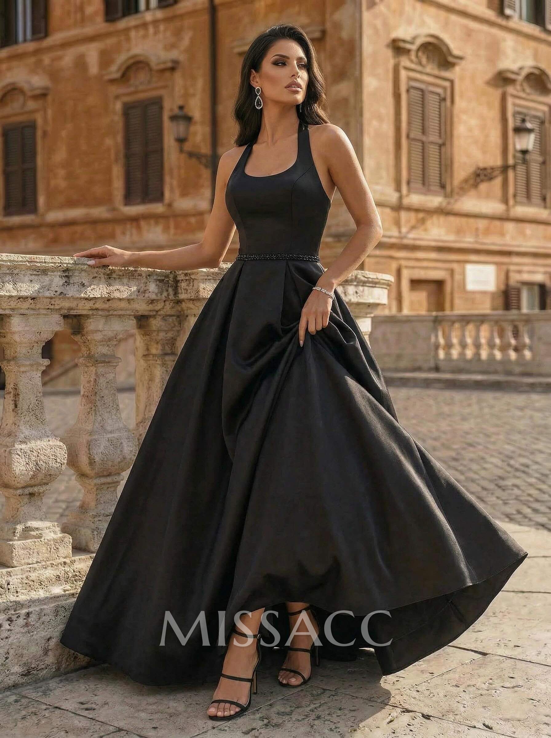 Black Ball-Gown Scoop Neck Floor-Length Satin Wedding Dresses With Sash