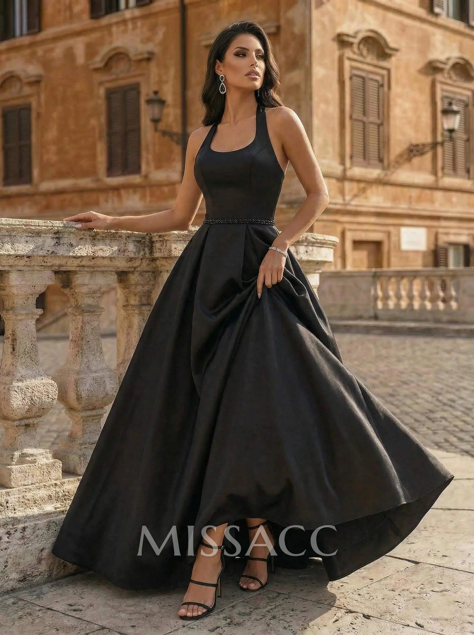 black satin dress for wedding Black V-Neck Satin Gown With Detailed Seamlines and Godet