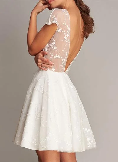 Sweet A-Line Illusion Neck Short Elastic Satin Wedding Dresses With Appliques Lace