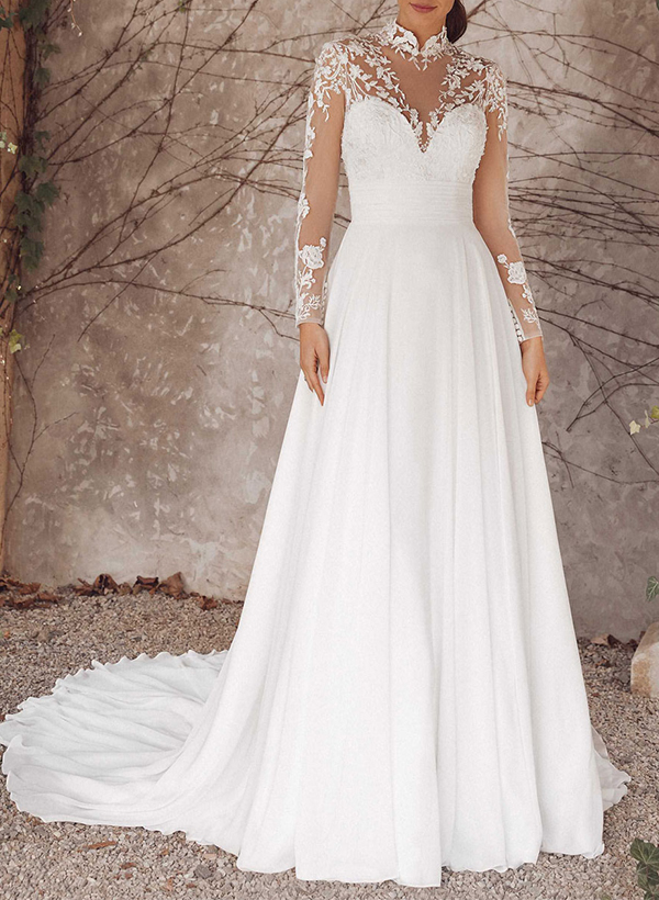 Luxury A-Line High Neck Long Sleeves Elegant Chiffon/Lace Wedding Dresses