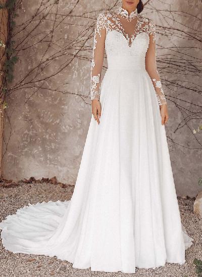 Luxury A-Line High Neck Long Sleeves Elegant Chiffon/Lace Wedding Dresses