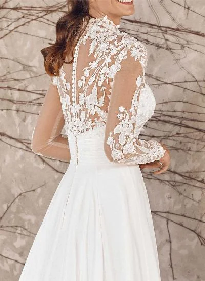 Luxury A-Line High Neck Long Sleeves Elegant Chiffon/Lace Wedding Dresses