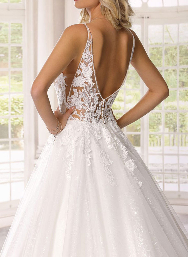 Ball-Gown Vintage V-neck Sexy Open Back Lace/Tulle Wedding Dresses