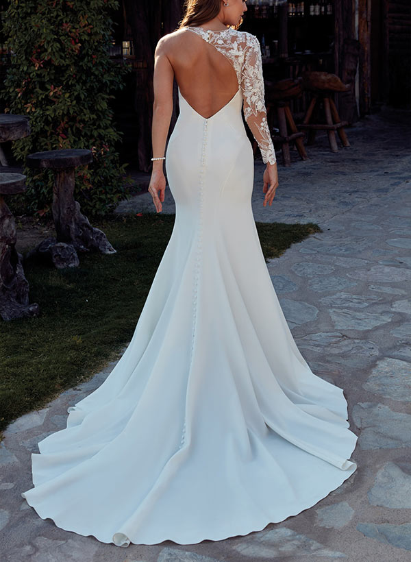 Mermaid Long Sleeves Court Train Elastic Satin Wedding Dresses With Appliques Lace