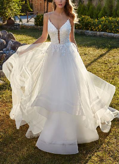 Ball-Gown Sweetheart Sleeveless Sweep Train Tulle Wedding Dresses With Lace