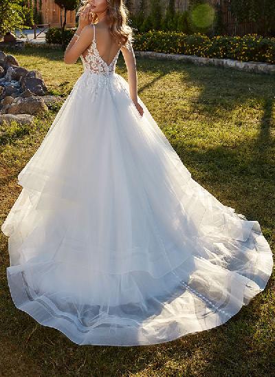 Ball-Gown Sweetheart Sleeveless Sweep Train Tulle Wedding Dresses With Lace