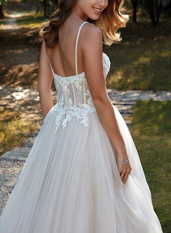 A-Line Sweetheart Sleeveless Sweep Train Tulle Wedding Dresses With Appliques Lace
