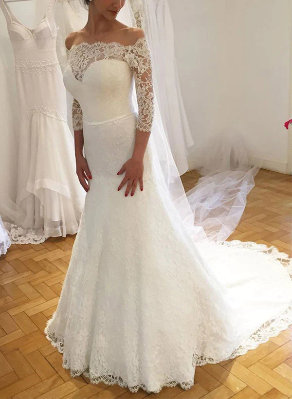 Sheath/Column Off-the-Shoulder 3/4 Sleeves Lace Wedding Dresses