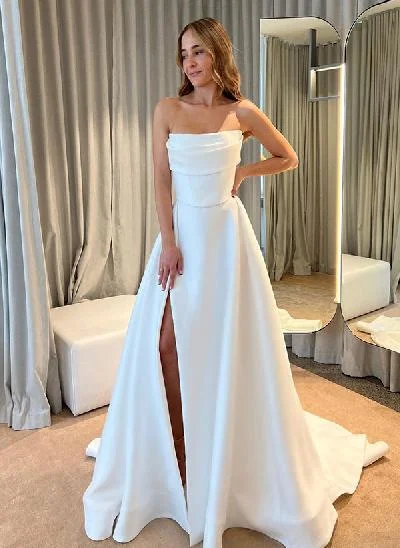 Ball-Gown Strapless Sleeveless Court Train Satin Wedding Dresses With Split Front