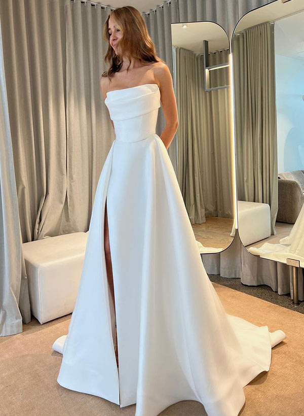 Ball-Gown Strapless Sleeveless Court Train Satin Wedding Dresses With Split Front