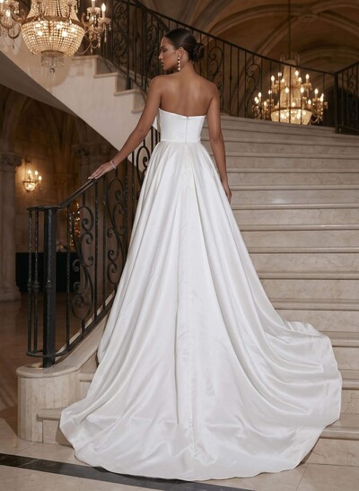 A-Line Sleeveless Court Train Satin Wedding Dresses With Split Front