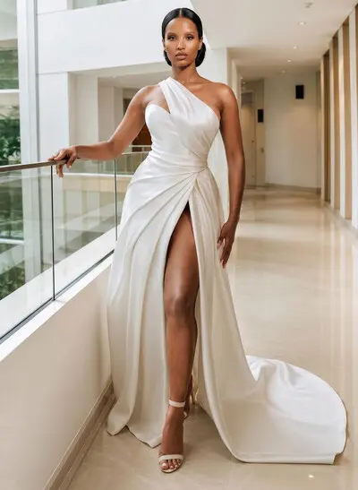 A-Line One-Shoulder Sleeveless Court Train Satin Wedding Dresses With Split Front