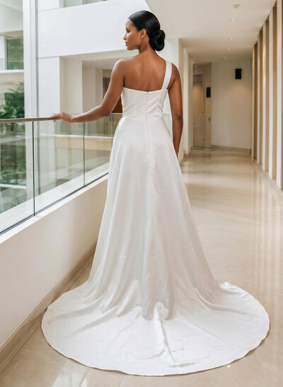 A-Line One-Shoulder Sleeveless Court Train Satin Wedding Dresses With Split Front