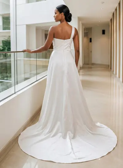 A-Line One-Shoulder Sleeveless Court Train Satin Wedding Dresses With Split Front