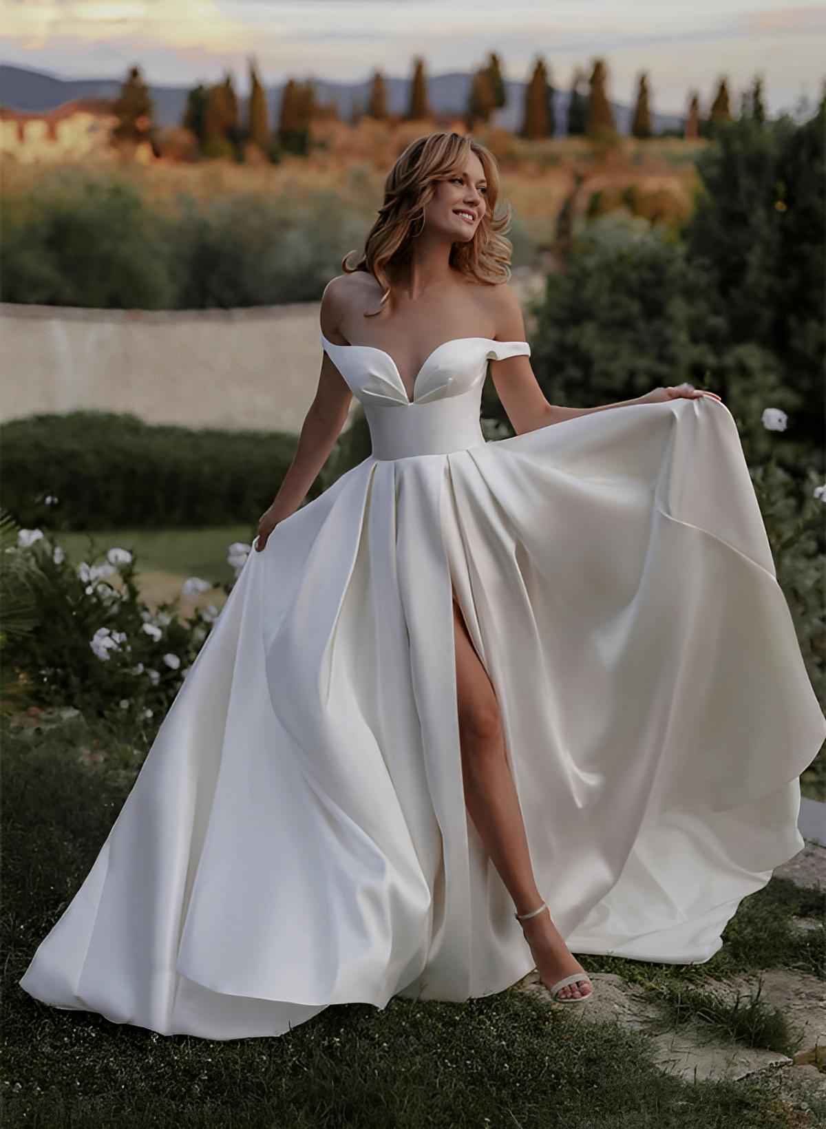 A-Line Sweetheart Sleeveless Sweep Train Satin Wedding Dresses With Split Front
