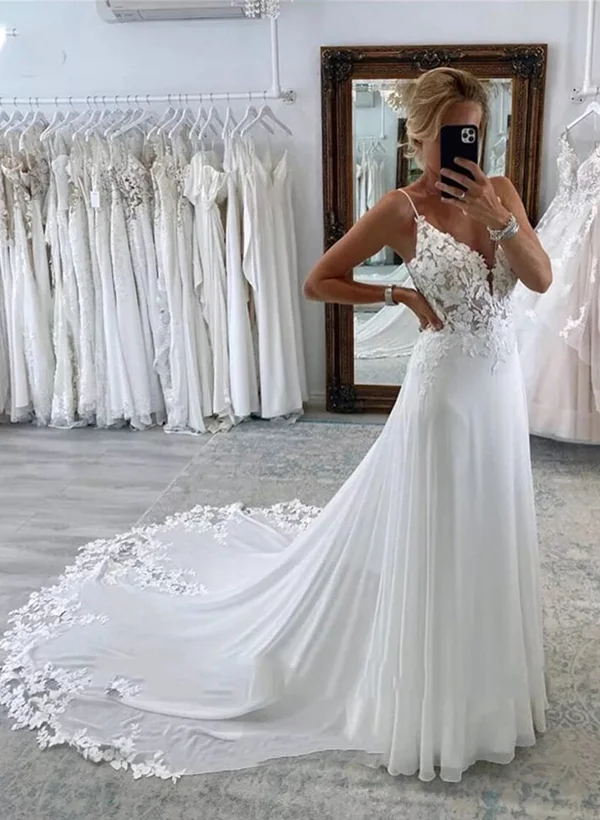 chiffon wedding dress a line Charming A Line V Neck Backless Ivory Chiffon Wedding Dresses US6 / Custom Color main image 1