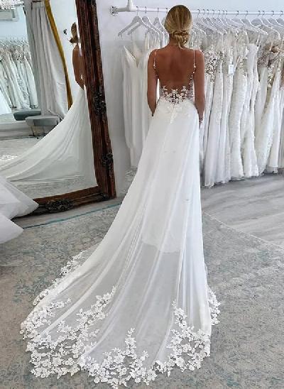 A-Line V-neck Sleeveless Chiffon Wedding Dresses With Appliques Lace