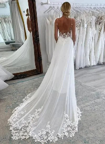 A-Line V-Neck Sleeveless Chiffon Wedding Dresses With Appliques Lace