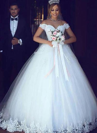 Ball-Gown Off-the-Shoulder Elegant Tulle Wedding Dresses With Appliques Lace